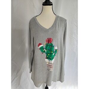 Joyland Womens Christmas Cactus Long Sleeve V Neck Top XL‎ Grey Holiday Lights